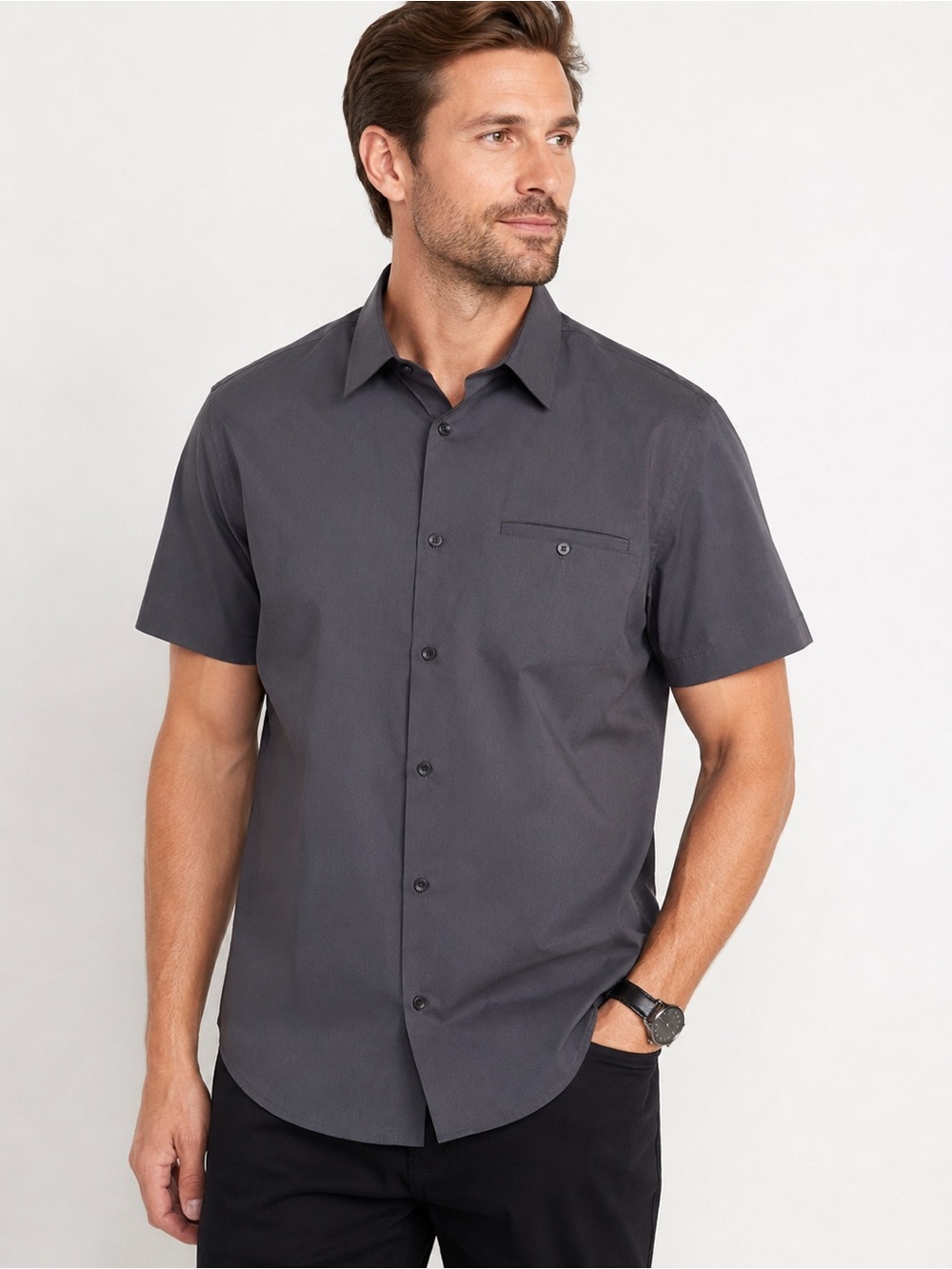 NWT Alfani Men’s Gray Stretch Short Sleeve Button-Up Shirt Large